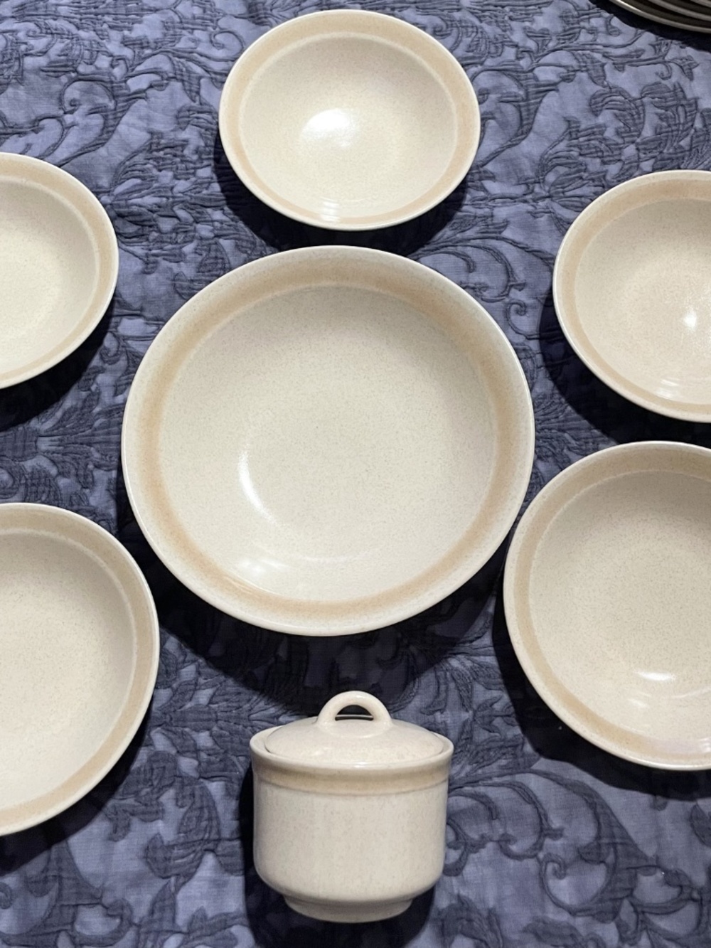 Vintage Yamaka Japan Stoneware 6 Bowls Cereal Sugar Soup Speckled Tan Beige Band